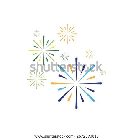 Colorful fireworks vector illustration with blue, green, and yellow bursts. Perfect for celebration, New Year, party, holiday, or festive decoration design in modern flat style