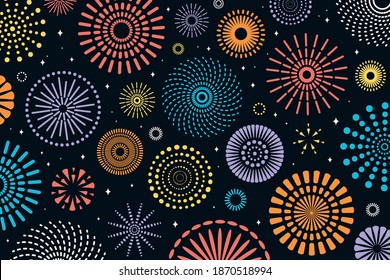 Colorful fireworks vector illustration, different shapes, bright on dark blue background. Flat style abstract geometric design. Concept for holiday celebration, greeting card, poster, banner, flyer.