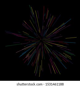 Colorful fireworks Vector illustration. Dynamic style. Abstract explosion, speed motion lines from the middle, radiating sharp