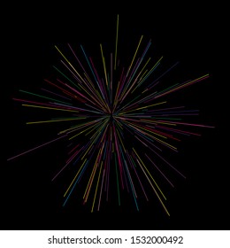 Colorful fireworks Vector illustration. Dynamic style. Abstract explosion, speed motion lines from the middle, radiating sharp