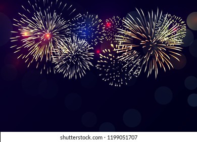 colorful fireworks vector on black background for celebrating events, new year, Christmas eve.