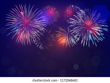 colorful fireworks vector on dark blue background with sparking bokehs