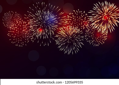 colorful fireworks vector on dark blue background with sparking bokehs
