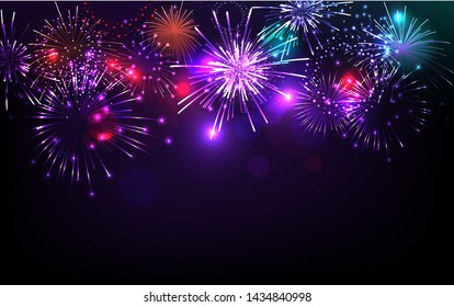 	
Colorful fireworks vector on dark blue background with sparking bokeh