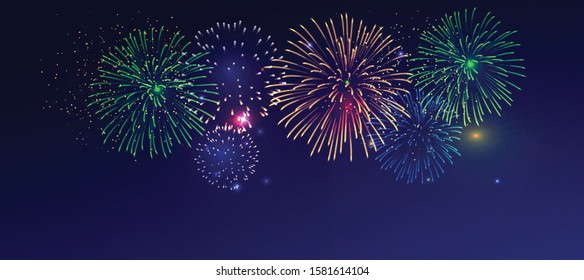 Colorful fireworks vector on dark blue background with sparking bokeh