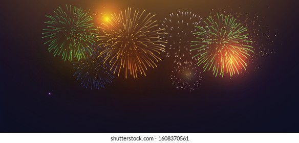 colorful fireworks vector on dark blue background with sparking bokeh