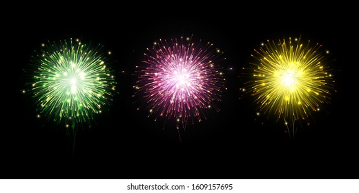 Colorful fireworks vector on dark background with sparking bokeh.