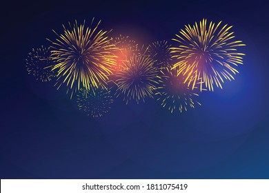 colorful fireworks vector on dark blue background with sparking bokeh