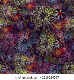Colorful fireworks vector on dark seamless background with sparking bokeh's. Festival. Night time. New Year. Wrapping paper, textile, print, fabric.