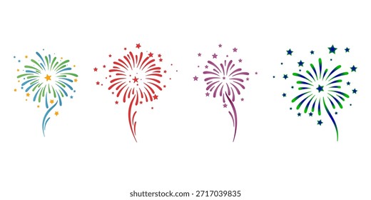 Conjunto de Vector de fuegos artificiales de colores con acentos de estrellas, iconos de celebración festiva aislados sobre fondo blanco. Perfecto para vacaciones, año Nuevo, diseño de fiesta, eventos, decoraciones e ilustraciones digitales.