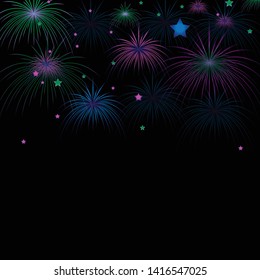 colorful fireworks vector, sparkling in dark sky.