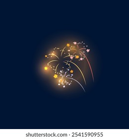 Colorful fireworks with yellow, red, purple flashes. Shining sparks. Stars. Glitter confetti. Festive atmosphere. Salute. Ideal for carnival or New Year's Eve. Vector illustration on blue background.