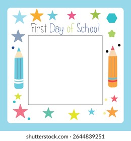 Colorful first day school frame with crayon 