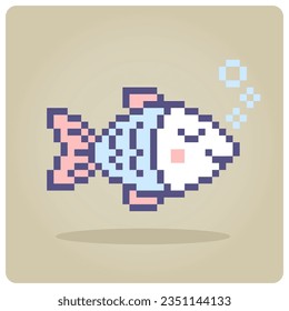 Colorful fish in 8 bit pixel art. Pixel animals for game assets in vector illustration.