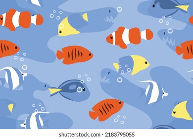 Colorful fish among the waves resembling sharp-toothed shark faces