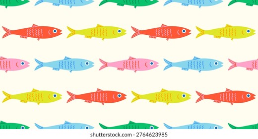 Colorful fish animal seamless pattern. Summer background design. Vacation travel concept. Fishing activity flat cartoon backdrop illustration.
