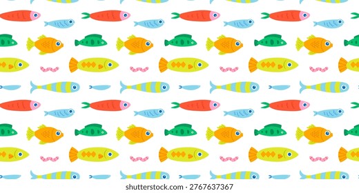 Colorful fish animal seamless pattern. Summer background design. Vacation travel concept. Fishing activity flat cartoon backdrop illustration.