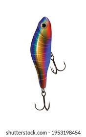 Colorful fish bait with two hooks on white background realistic vector illustration