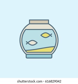 Colorful fish bowl with fish icon or design element on blue background