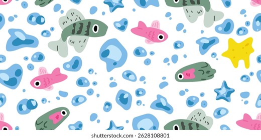 Colorful Fish and Bubble Pattern. Seamless pattern with pink and green cartoon fish, bubbles and stars on white, bright aquatic flat design.