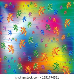 Colorful fish, bubbles and waves on colorful backround. Vector illustration.