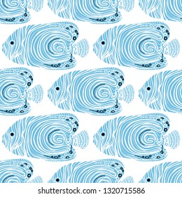 Colorful fish cartoon seamless vector pattern.Textured hand drawn illustration