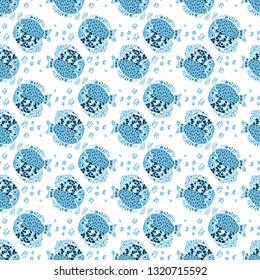 Colorful fish cartoon seamless vector pattern.Textured hand drawn illustration