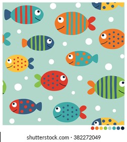 Colorful Fish Cartoon Seamless Vector Pattern