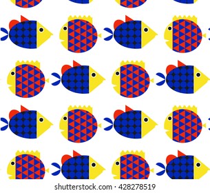 Colorful fish cartoon seamless vector pattern. Beautiful collection of tropical fish isolated on background, 
