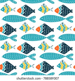 Colorful fish cartoon seamless vector pattern