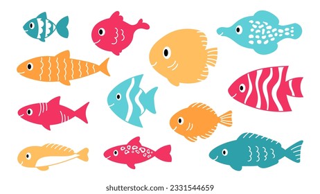 Colorful fish doodle set. Cute aquarium and tropical fish collection. Childish underwater elements. Silhouette vector illustration for kids, bath, stickers, card, poster