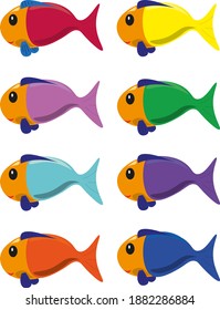 colorful fish of eight different colors with fins