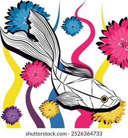 colorful fish and flowers in yellow pink and blue