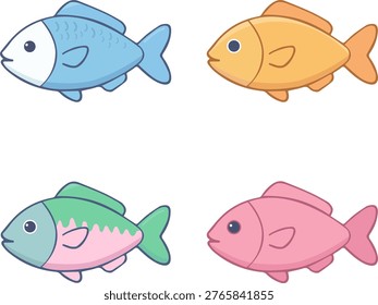 Colorful fish icon set vector illustration, cute cartoon aquarium fish clipart collection
