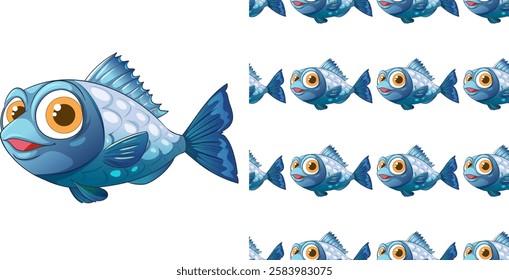 Colorful fish illustration with a seamless pattern