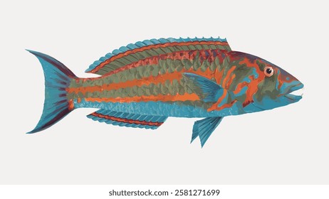 Colorful fish illustration with vibrant blue, orange, and green hues. Detailed fish scales and fins. Artistic fish design showcasing aquatic beauty. Vintage fish illustration isolated, vector.