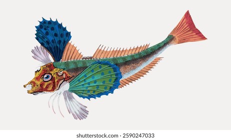 Colorful fish illustration with vibrant fins and scales. The fish features blue and green fins, detailed scales, and a striking appearance. Artistic fish design. Vintage marine life vector.
