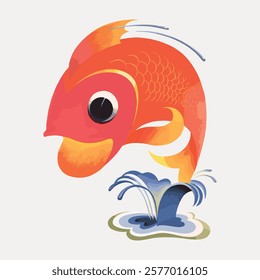 Colorful fish illustration with vibrant orange and red hues. The fish leaps energetically, creating splashes. Fish design with bold colors and dynamic movement. Isolated vintage vector element.