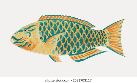 Colorful fish illustration with vibrant scales. Fish features include bold patterns and bright colors. Artistic fish design showcases unique aquatic beauty. Vintage fish illustration isolated, vector.