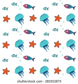 Colorful fish and jelly fish seamless pattern.