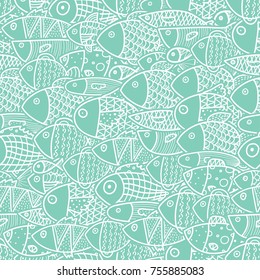 Colorful fish. Line seamless pattern with cute ornamental fish. Sea background.
