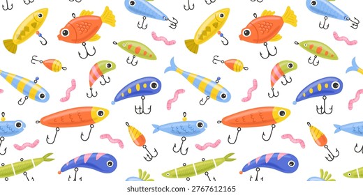 Colorful fish lure seamless pattern. Summer background design. Vacation travel concept. Fishing activity bait cartoon backdrop illustration.