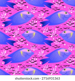 Diseño de fondo colorido del patrón del pez para el fondo, Fondo de pantalla, alfombra, envoltura, tela, ropa de moda textil.