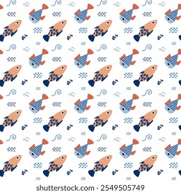 Colorful fish pattern displaying various aquatic designs on a white background suitable for fabric or wallpaper