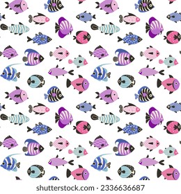 Patrón de peces coloridos. Impresión sin foco de animales marinos nadando bajo el agua peces tropicales exóticos. Textura de fondo vectorial de la ilustración de patrón de huella marina sin soldadura