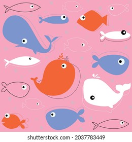 colorful fish patterns on pink background, vector, decorative design, textile, fabric, napkin, backdrop