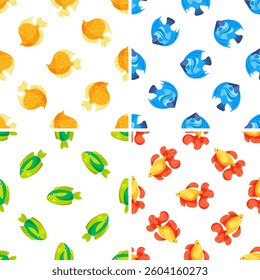 Colorful fish patterns swimming seamlessly on white backgrounds