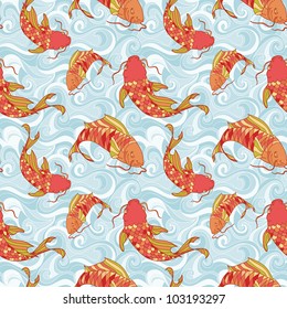 Colorful fish in the sea waves hand drawing seamless pattern