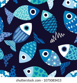 Colorful fish.  Seamless pattern with cute fish. Sea background.