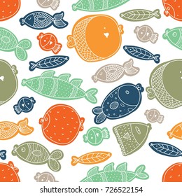 Colorful fish.  Seamless pattern with cute fish. Sea background.